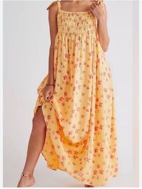Free People Sunny  Yellow Floral Smocked Maxi Dress
